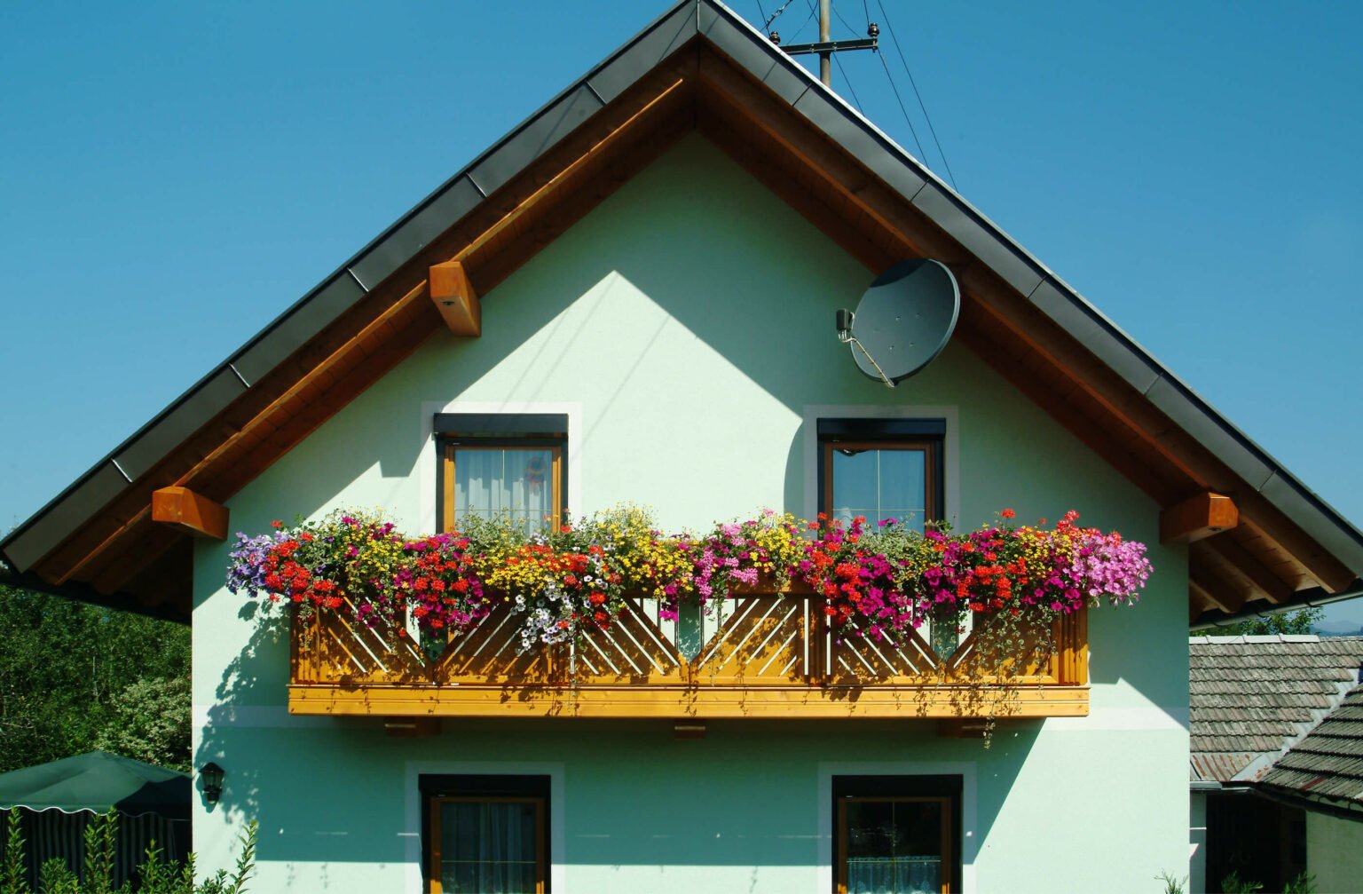 Bunte Balkonblumen mit Holz Classic Hahnenkamm Balkongeländer