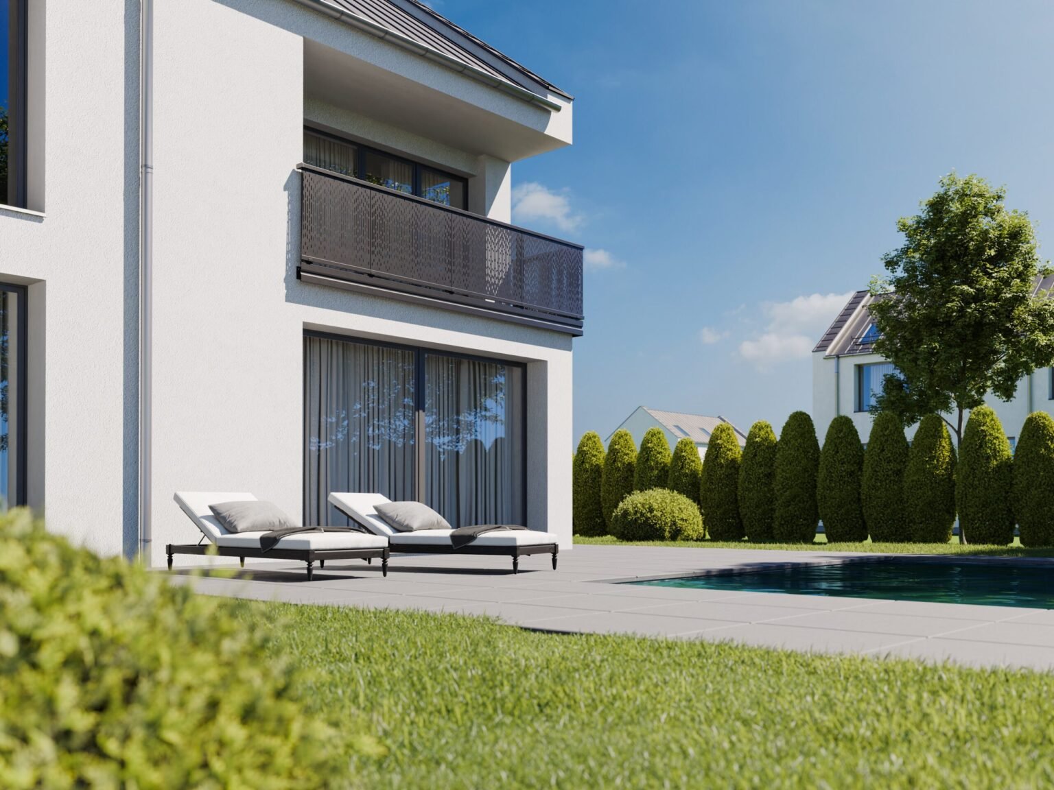 Yaku Alu Lochblech Balkongeländer mit Langloch Perforierung Vertical Gradient - Ansicht Haus mit Terrasse