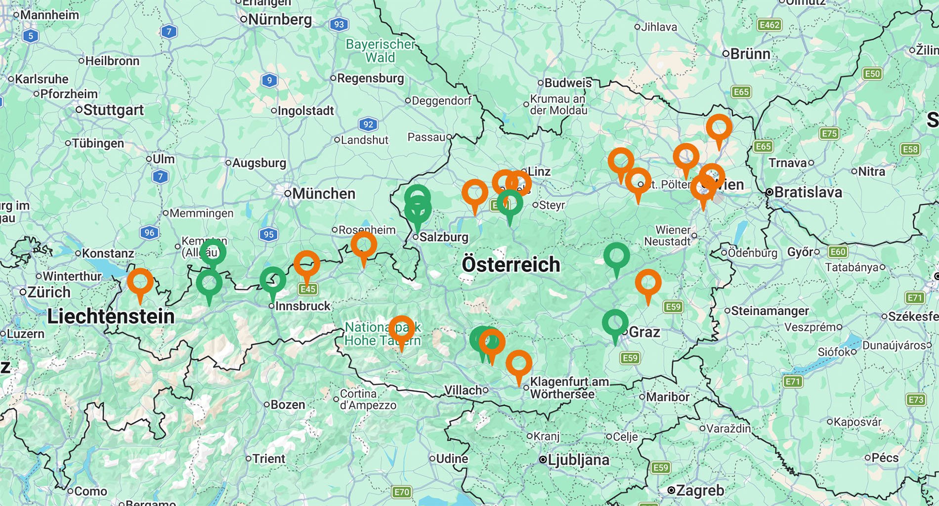 Österreichische Map: Vertriebspartner (orange Pins) und Schauräume / Standorte (grüne Pins) der Leeb Balkone GmbH in Österreich