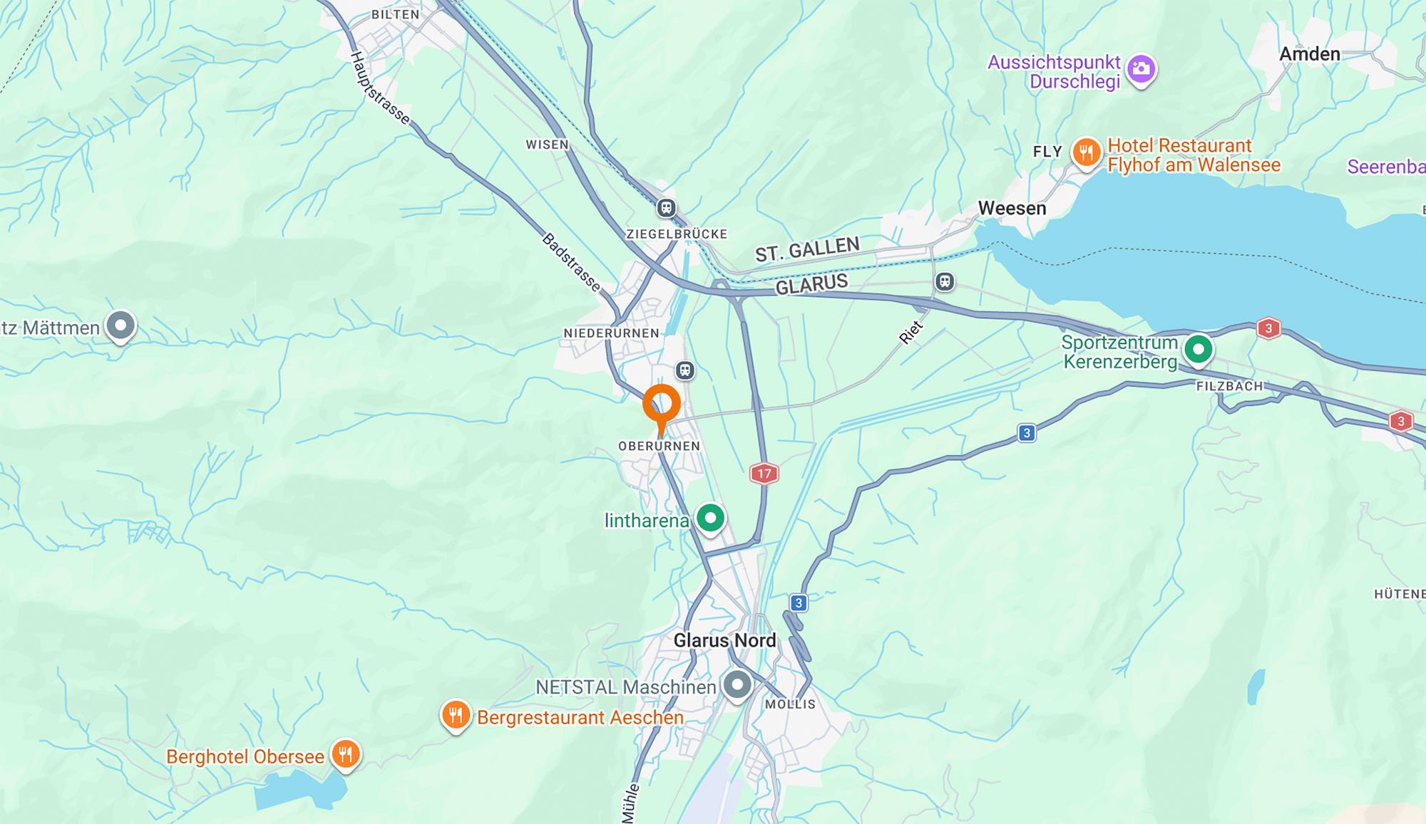 Schweizer Map: Vertriebspartner (orange Pins) und Schauräume / Standorte (grüne Pins) der Leeb Balkone GmbH in der Schweiz