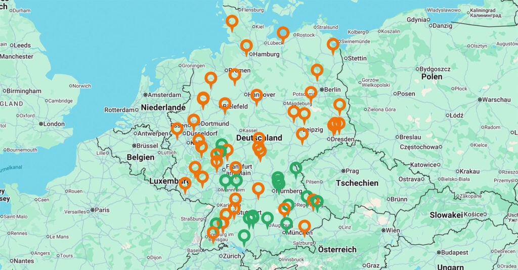 Deutsche Map: Vertriebspartner (orange Pins) und Schauräume / Standorte (grüne Pins) der Leeb Balkone GmbH in Deutschland
