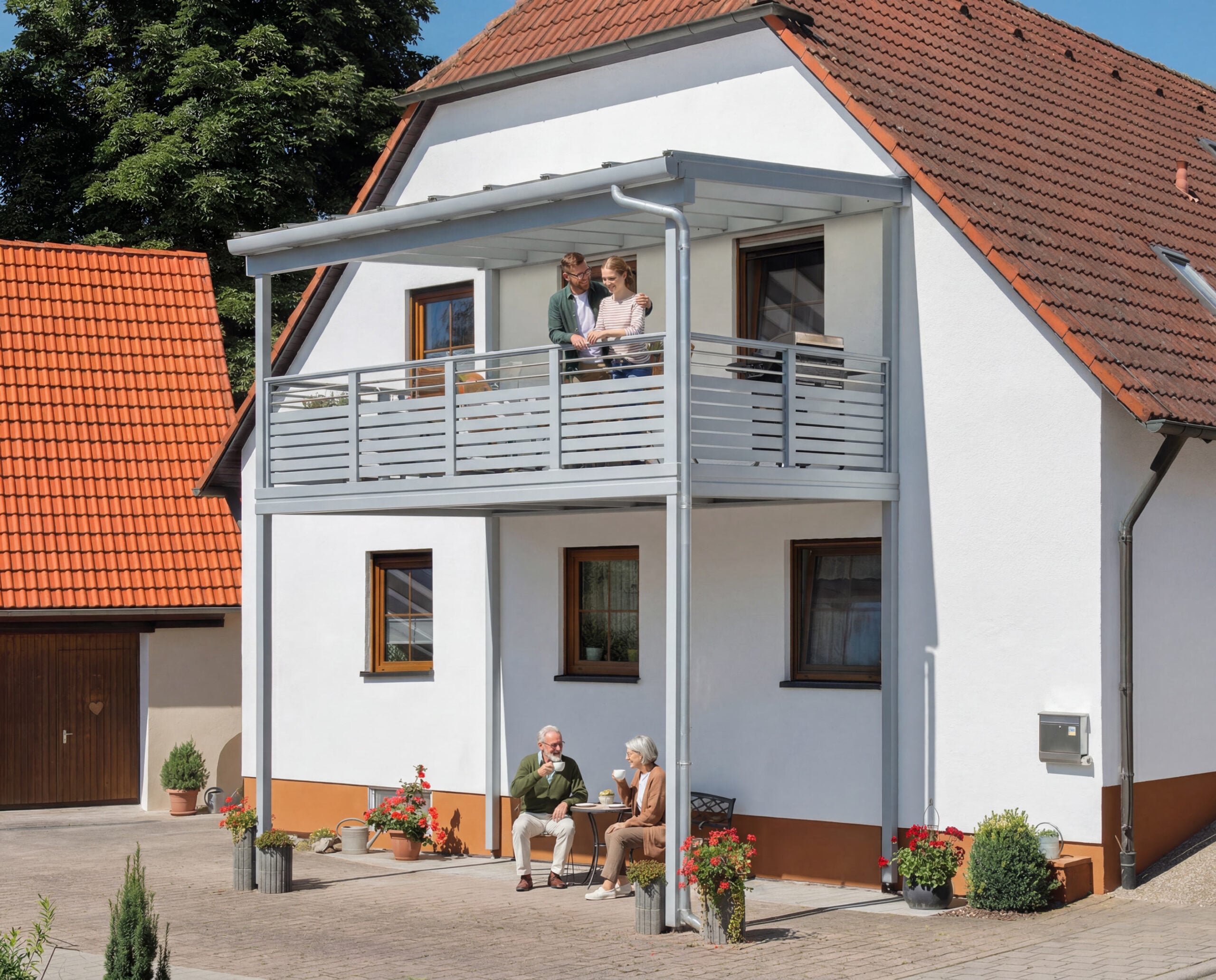 Überdachter Vorstellbalkon bei einem Mehrgenerationenhaus